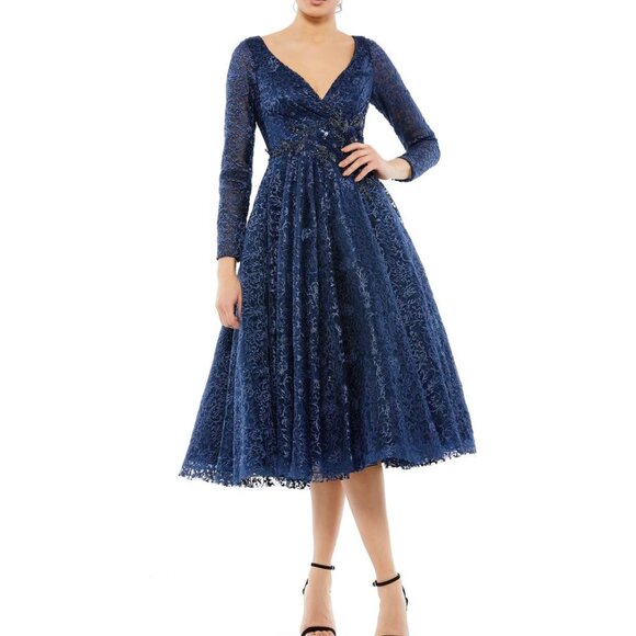 Mac Duggal Midnight Blue Floral Embroidered Beaded Midi Gown Dress